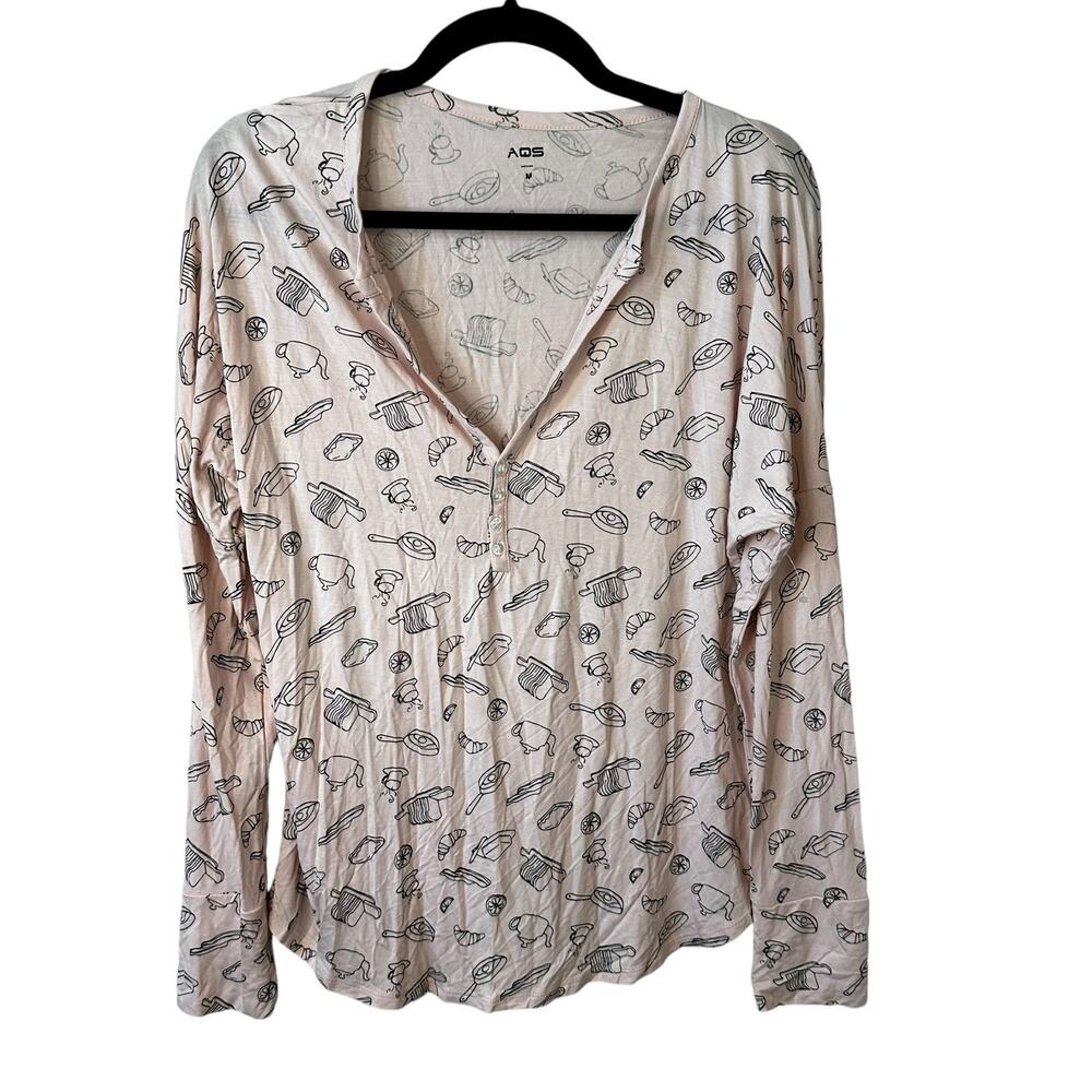 AQS New Women's Modal Blend Henley Long Sleeve Pajama Top Pink Size Medium